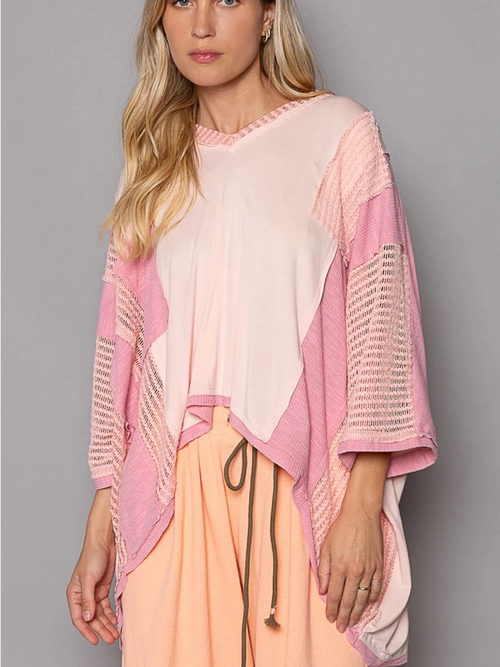 POL | Pink Patchwork Oversized Open-Knit Multi Texture Draped Sweater